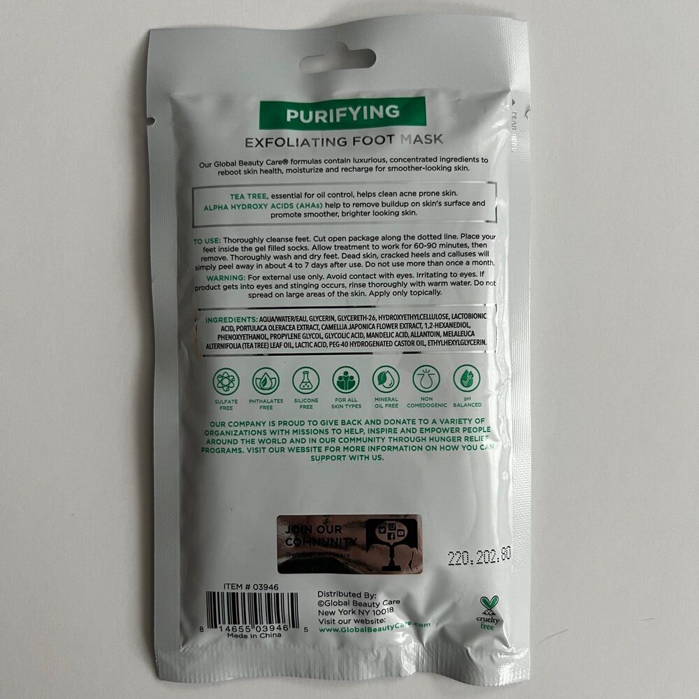 GlobalBeautyCare Purifying Exfoliating Tea Tree Oil & AHA Foot Mask - 1 Pair NWT - Picture 2 of 2
